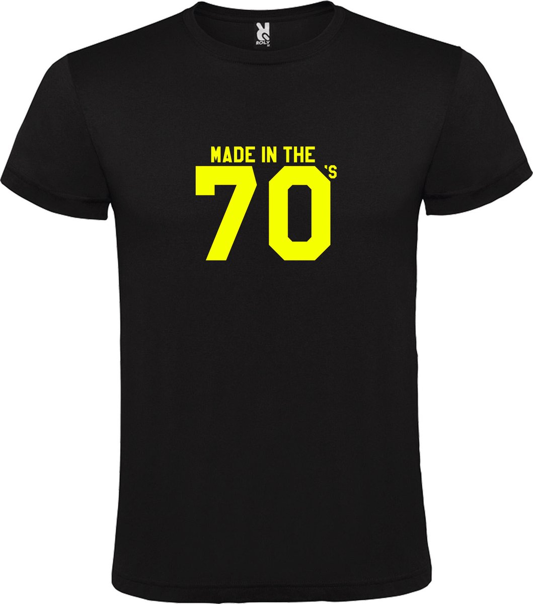 Zwart T shirt met print van " Made in the 70's / gemaakt in de jaren 70 " print Neon Geel size M