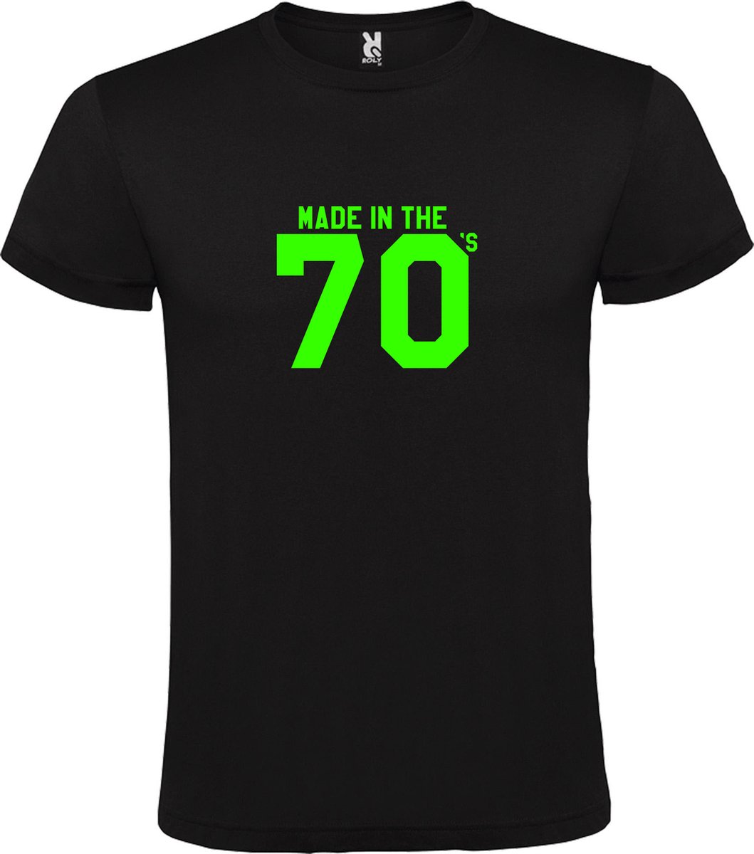 Zwart T shirt met print van " Made in the 70's / gemaakt in de jaren 70 " print Neon Groen size L