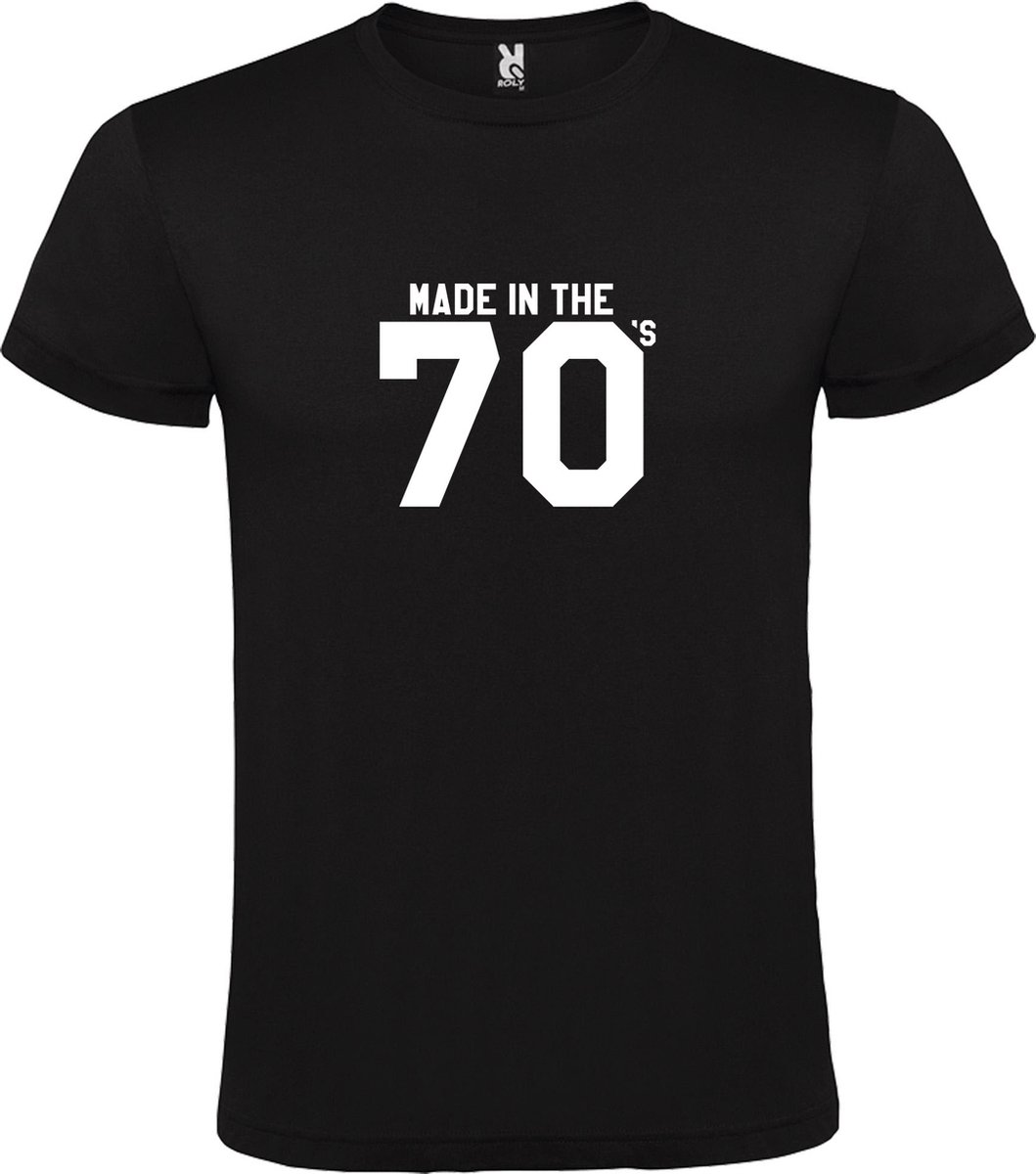 Zwart T shirt met print van " Made in the 70's / gemaakt in de jaren 70 " print Wit size L