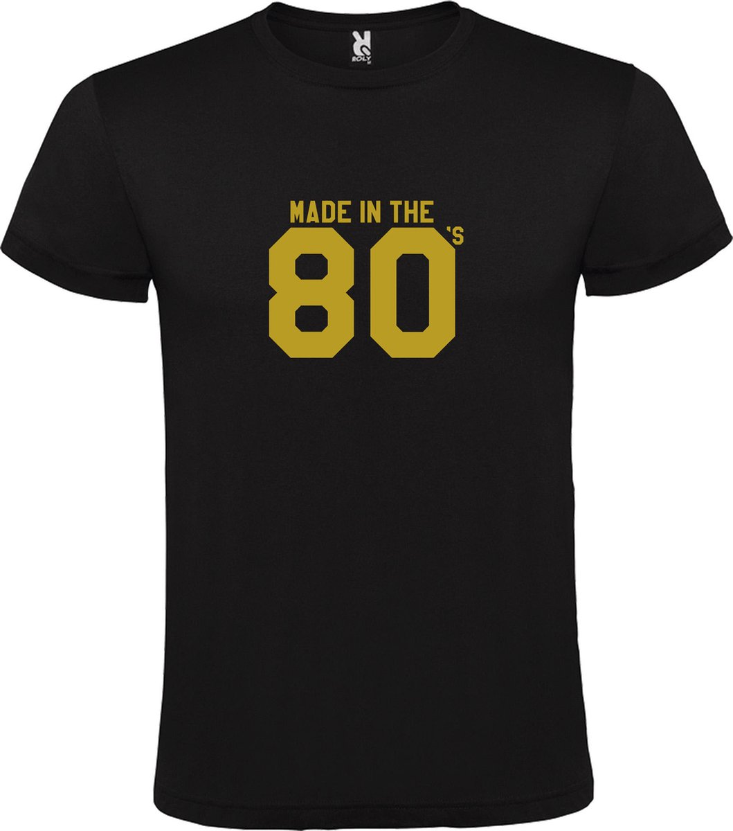 Zwart T shirt met print van " Made in the 80's / gemaakt in de jaren 80 " print Goud size L