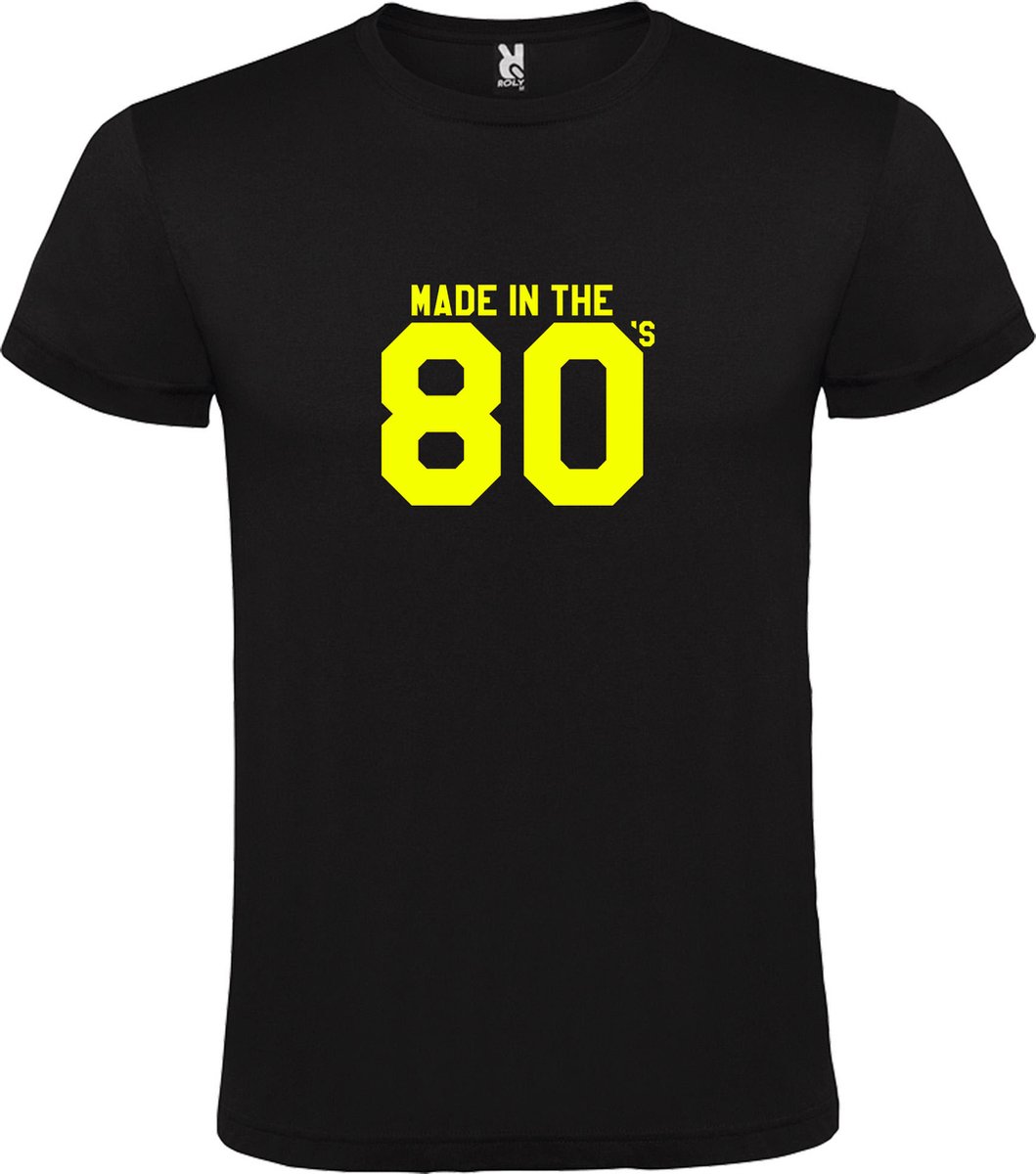 Zwart T shirt met print van " Made in the 80's / gemaakt in de jaren 80 " print Neon Geel size L