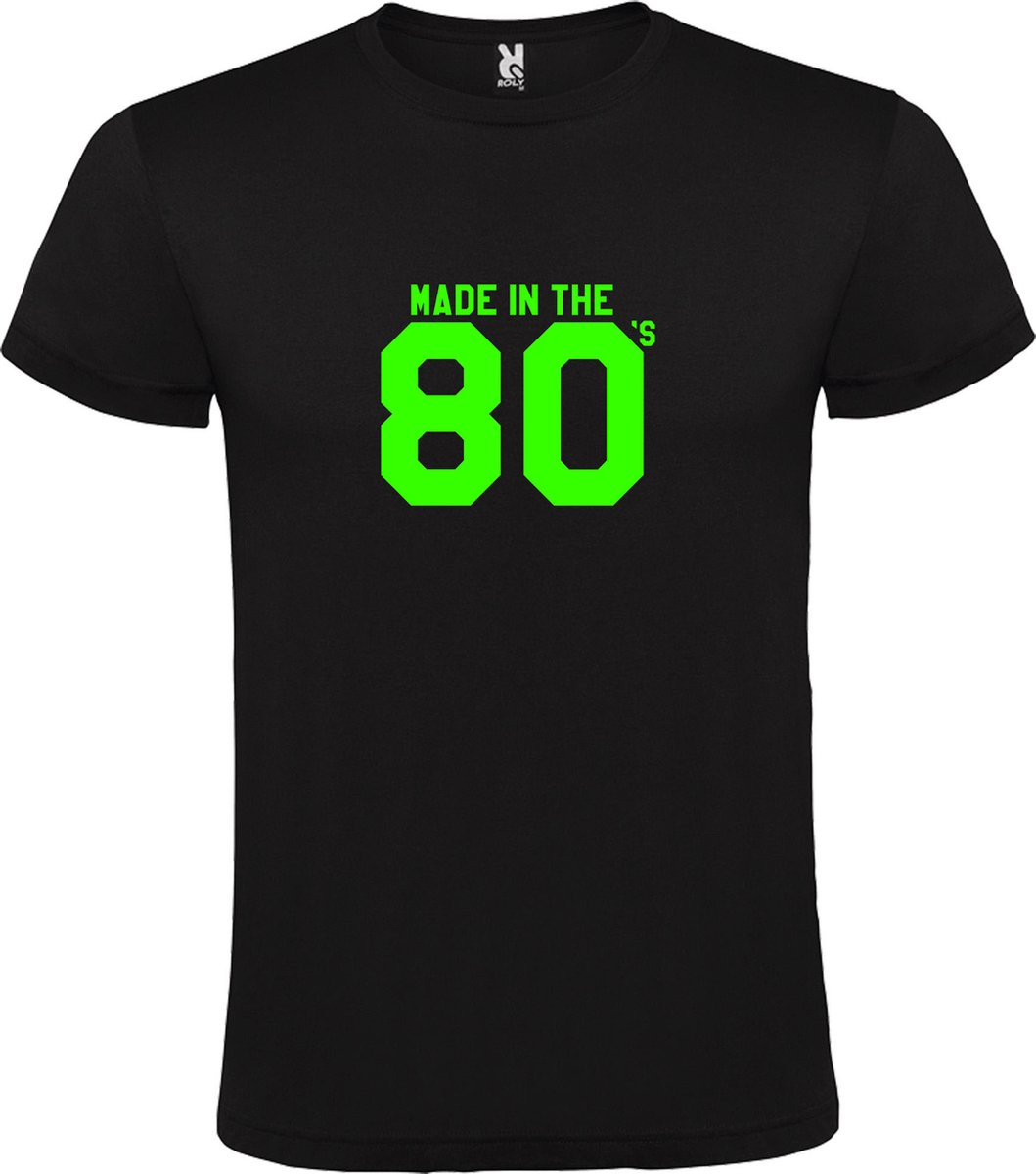 Zwart T shirt met print van " Made in the 80's / gemaakt in de jaren 80 " print Neon Groen size L