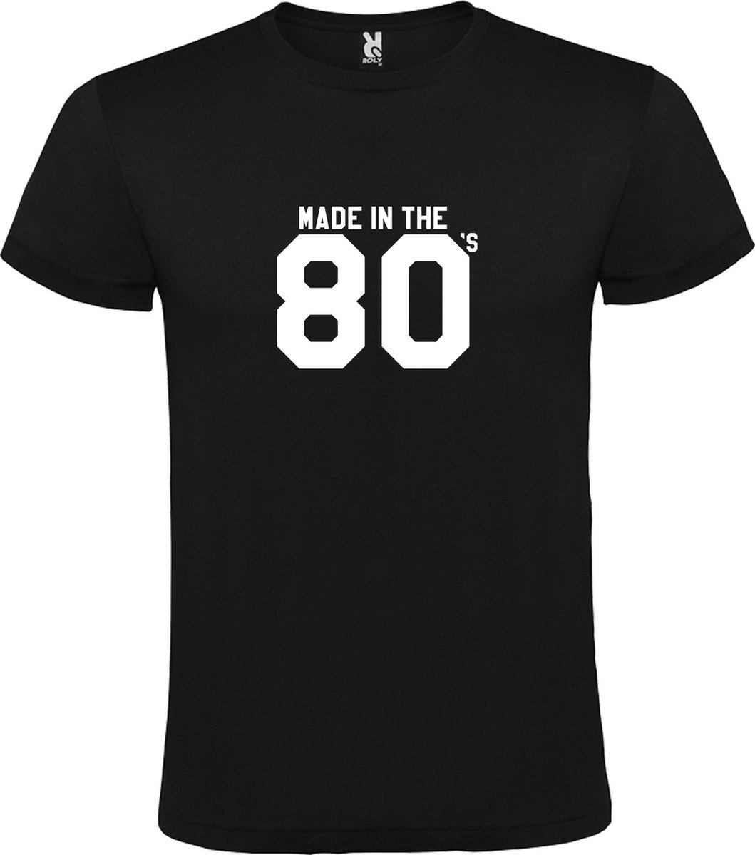 Zwart T shirt met print van " Made in the 80's / gemaakt in de jaren 80 " print Wit size L