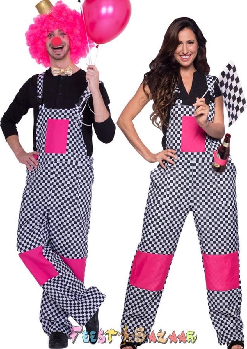 Folat - Tuinbroek Zwart-Wit met Roze S/M - 36/38 - Carnavalskleding - Carnavals kostuum - carnavalskleding dames - verkleedkleding