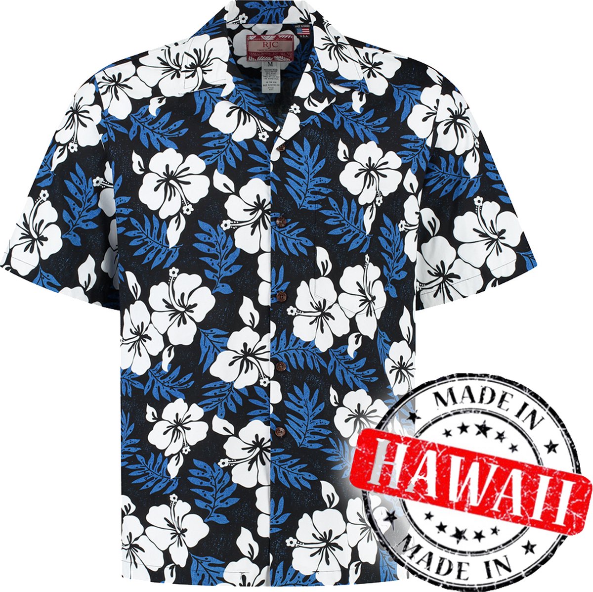 Hawaii Blouse Mannen - Shirt - Hemd - 100% Katoen - Overhemd Heren Korte Mouw - Made in Hawaii "Sierlijke Bloemen Blauw" Maat L