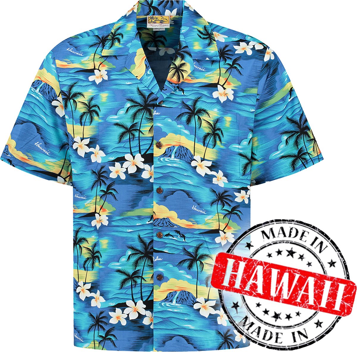 Hawaii Blouse Mannen - Shirt - Hemd - 100% Katoen - Overhemd Heren Korte Mouw - Made in Hawaii "Tropisch Hawaii Blauw" Maat M