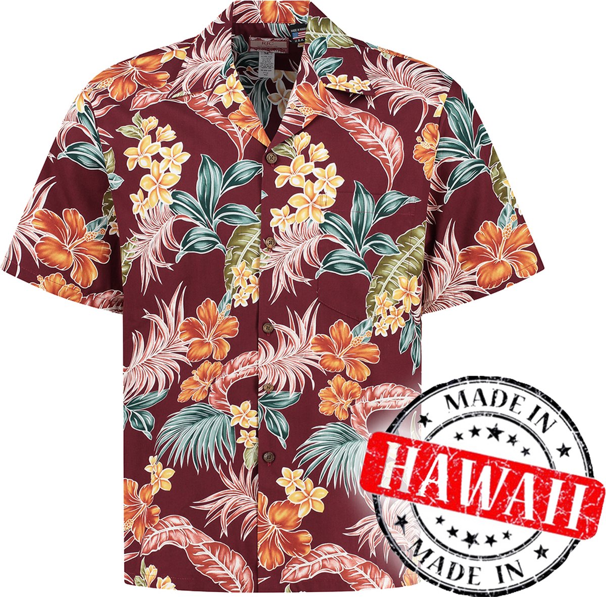 Hawaii Blouse Mannen - Shirt - Hemd - 100% Katoen - Overhemd Heren Korte Mouw - Made in Hawaii "Tropische Oase Bordeaux" Maat XXL