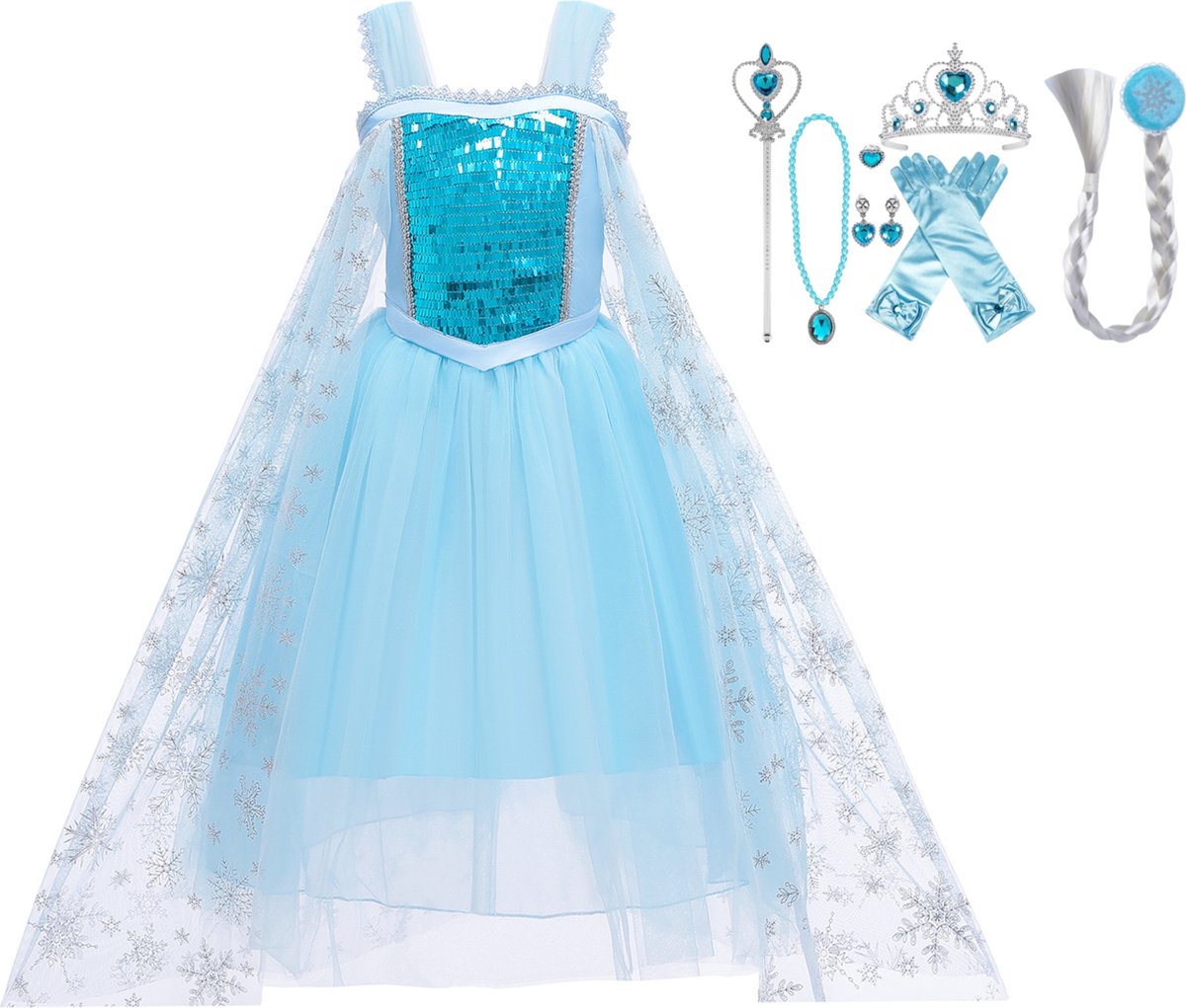 Joya Kids® Blauwe Prinsessenjurk meisje | Luxe Verkleedjurk + Accessoires set | Verkleedkleding | Prinsessen speelgoed | Carnaval | Cadeau Meisje Sinterklaas | Maat 110-116 (120)