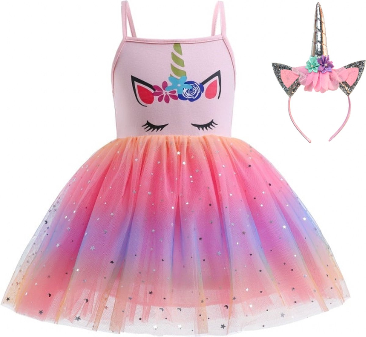 Joya Kids® Roze Eenhoorn Zomer Verkleed Jurk | Unicorn Jurk kostuum | Prinsessen jurk verkleedjurk + Haarband | Jurk spaghettibandjes | Maat 130 | cadeau meisje