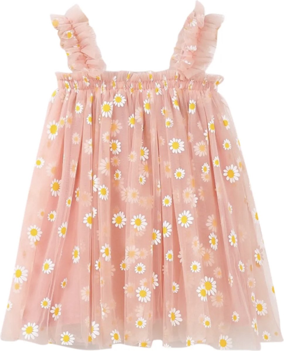 Joya Kids® Zomerjurkje Roze Tule met Madeliefjes | Prinsessen Verjaardagsjurk | Baby en Peuter Meisjes Jurk | Prinses Jurkje | Maat 100