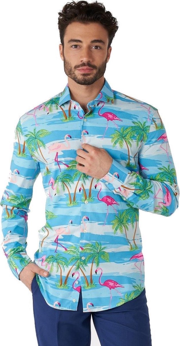 OppoSuits Flaminguy Shirt - Heren Overhemd - Tropisch Zomers Flamingo - Carnaval - Gekleurd - Maat EU 37/38