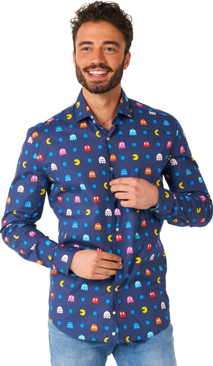 OppoSuits Lange Mouwen Overhemd Pixel PAC-MAN,Ñ¢ - Heren Carnaval Overhemd - Casual Gaming PAC-MAN Shirt- Wit - Maat EU 39/40