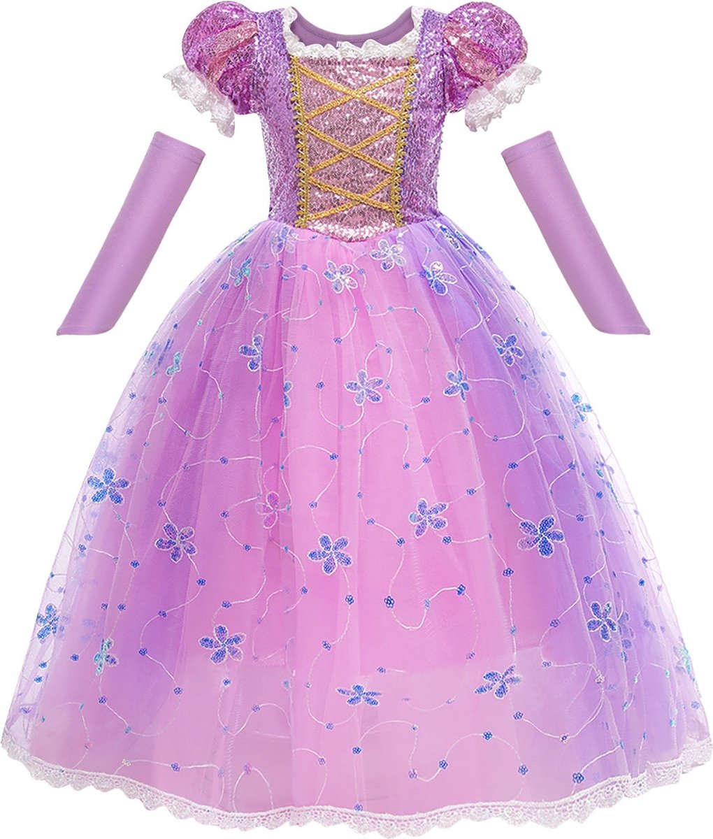 Prinsessenjurk - Prinses lang haar - Glitter - Paars/roze - Prinses - Verkleedkleding - Maat 110/116 (4/5 jaar)