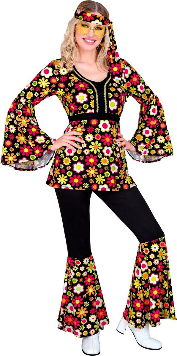 Widmann - Hippie Kostuum - Bloemen Hippie Jaren 60 Style - Vrouw - Zwart - Medium - Carnavalskleding - Verkleedkleding