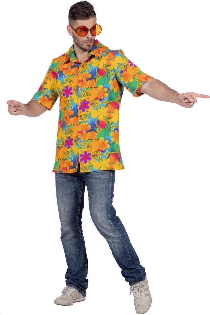 Wilbers & Wilbers - Hawaii & Carribean & Tropisch Kostuum - Hemd Honderd Hawaiiaanse Tropische Bloemen Man - Geel, Multicolor - Maat 52 - Carnavalskleding - Verkleedkleding