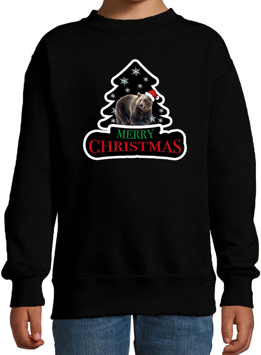 Dieren kersttrui beer zwart kinderen - Foute beren kerstsweater jongen/ meisjes - Kerst outfit dieren liefhebber 98/104