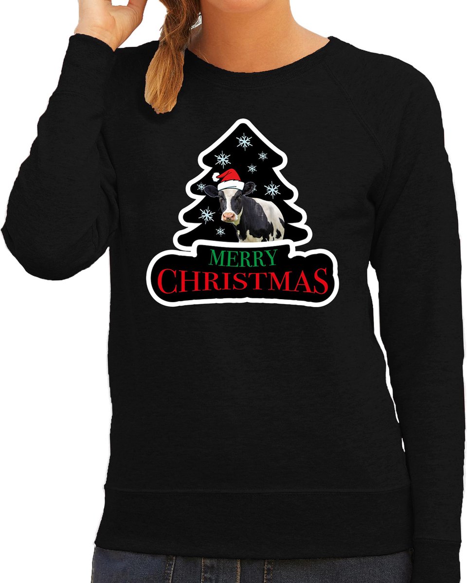 Dieren kersttrui koe zwart dames - Foute koeien kerstsweater - Kerst outfit dieren liefhebber L