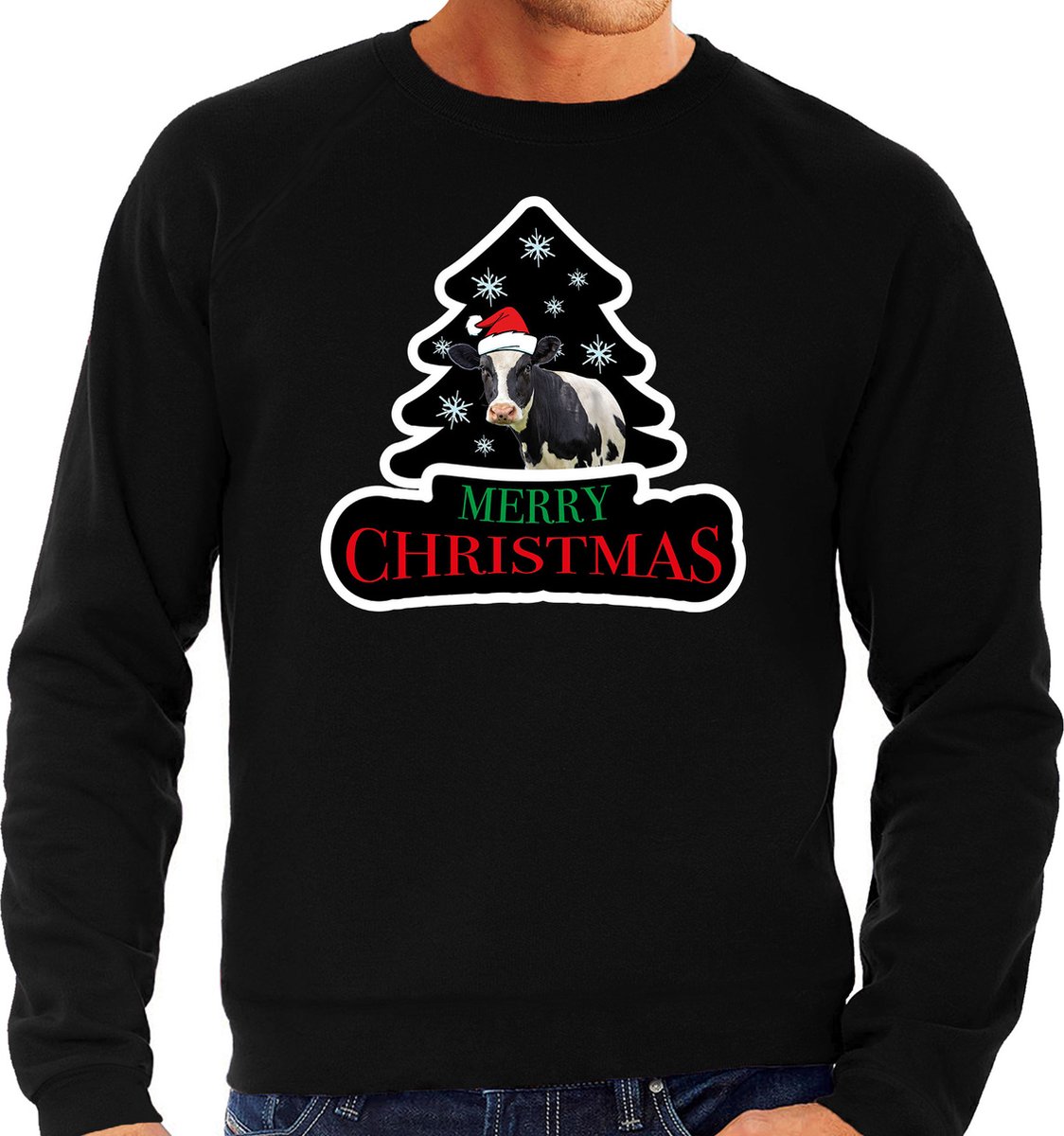 Dieren kersttrui koe zwart heren - Foute koeien kerstsweater - Kerst outfit dieren liefhebber S