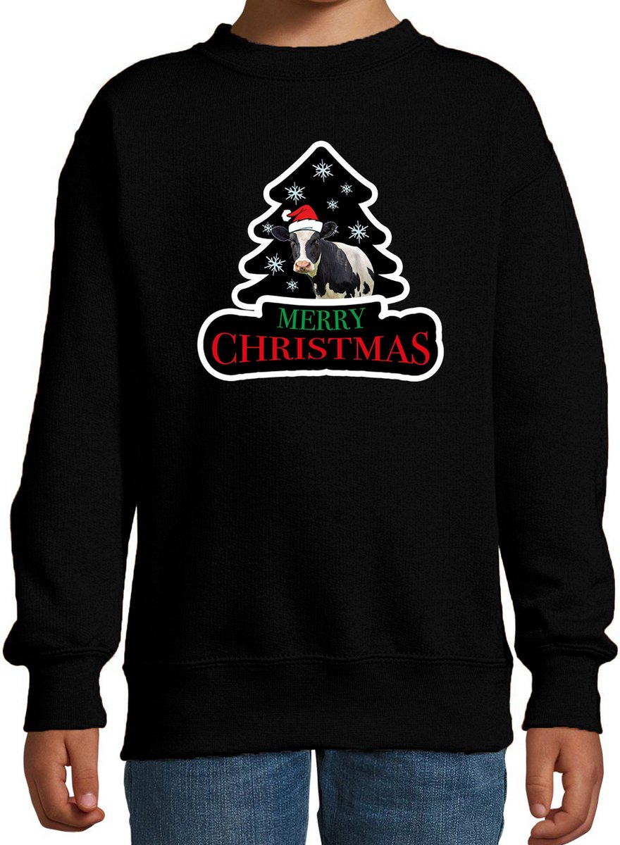 Dieren kersttrui koe zwart kinderen - Foute koeien kerstsweater jongen/ meisjes - Kerst outfit dieren liefhebber 170/176