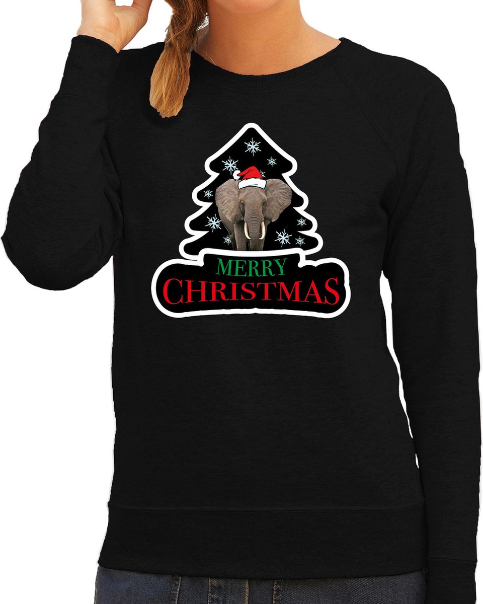 Dieren kersttrui olifant zwart dames - Foute olifanten kerstsweater - Kerst outfit dieren liefhebber M