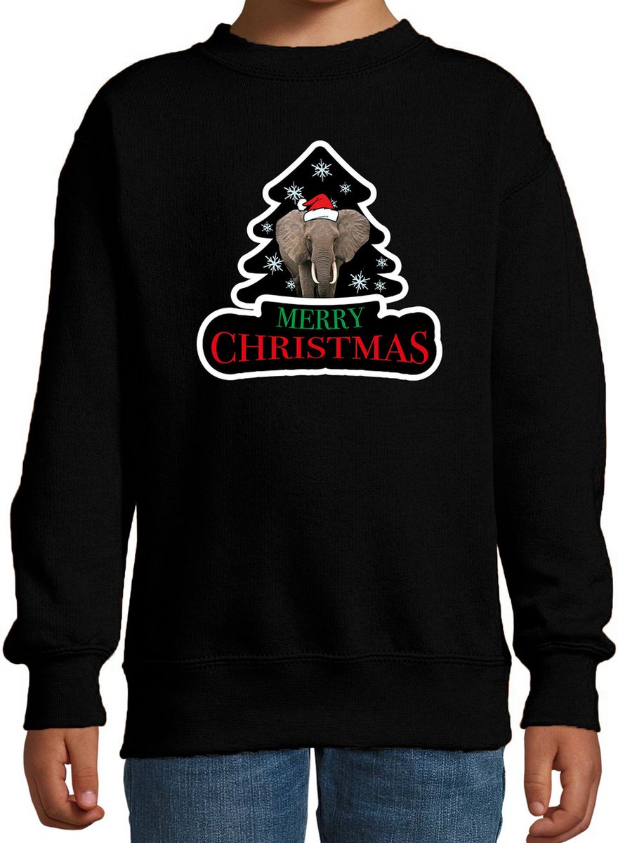 Dieren kersttrui olifant zwart kinderen - Foute olifanten kerstsweater jongen/ meisjes - Kerst outfit dieren liefhebber 110/116