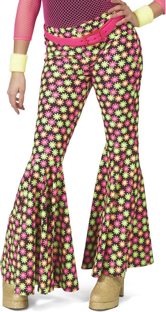 Funny Fashion - Hippie Kostuum - Fluor Flower Power Goes Disco Broek Vrouw - Geel, Roze - Maat 36-38 - Carnavalskleding - Verkleedkleding