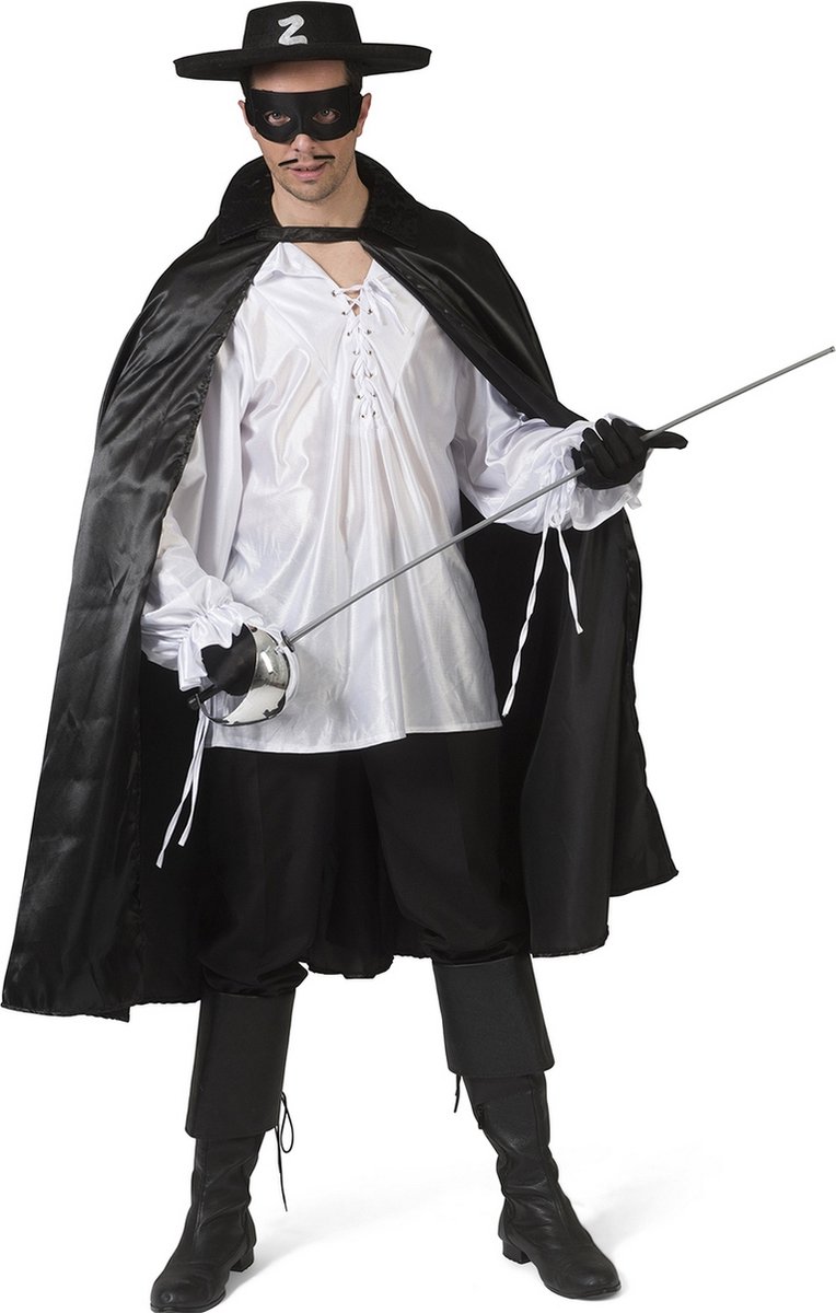 Funny Fashion - Zorro Kostuum - Zwarte Cape Mexicaanse Held Zorro Man - Zwart - One Size - Halloween - Verkleedkleding