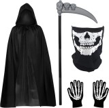 Grim Reaper-kostuum, Halloween-kostuumset, met schedelmasker, handschoenen, zeis, Halloween-kostuum voor volwassenen, Grim Reaper-cape met capuchon voor Halloween-decoratie, cosplay, carnaval