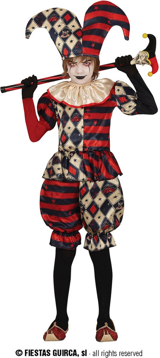 Guirca - Clown & Nar Kostuum - Scary Harry Harlekijn - Jongen - Blauw, Rood, Wit / Beige - 10 - 12 jaar - Halloween - Verkleedkleding