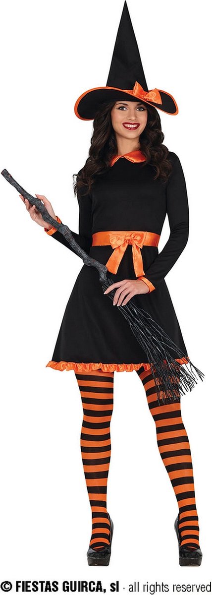 Guirca - Heks & Spider Lady & Voodoo & Duistere Religie Kostuum - Heks Pom Pom Poen - Vrouw - Oranje, Zwart - Maat 38-40 - Halloween - Verkleedkleding