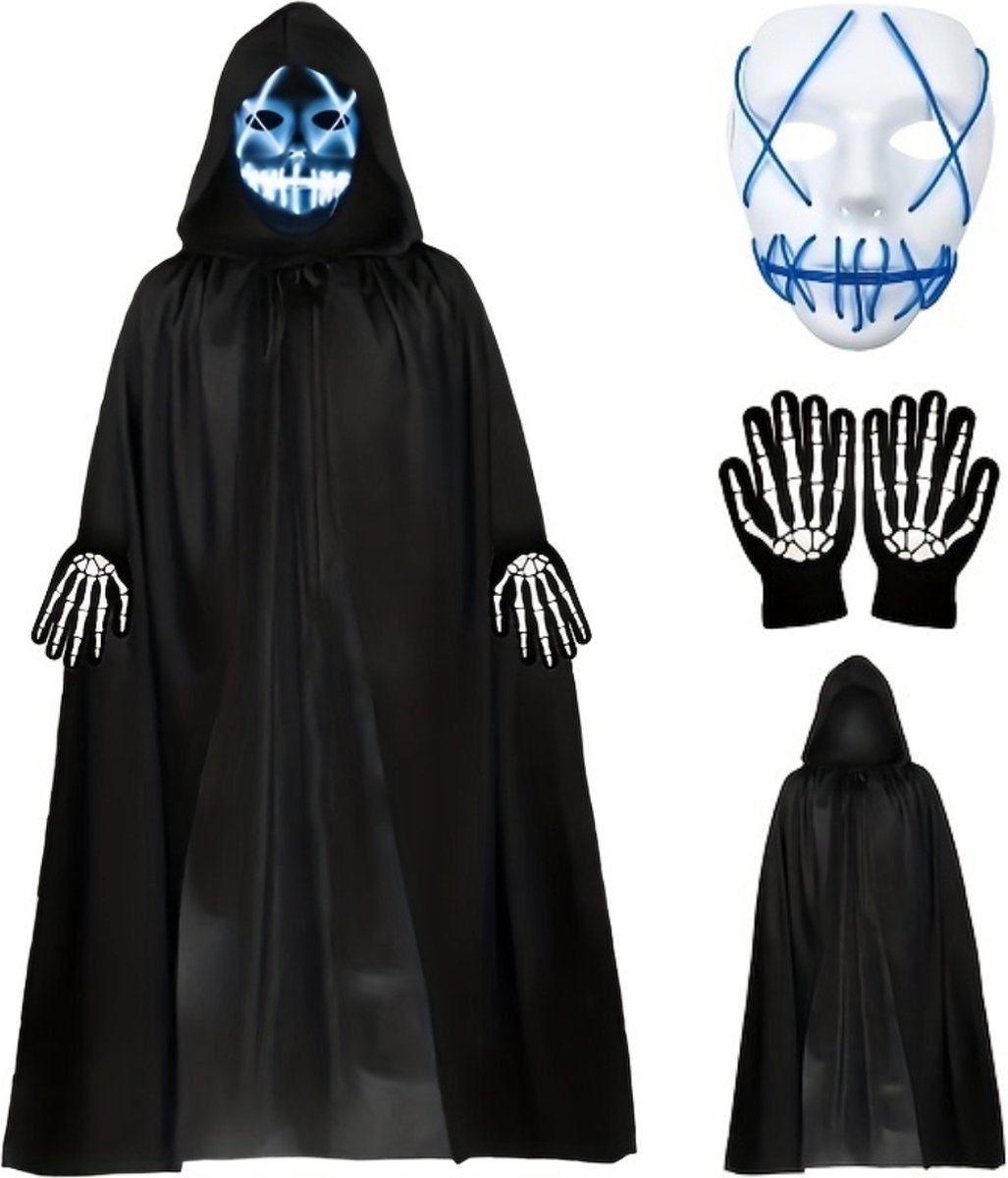 Halloween Kostuum - Halloween Outfit - Volwassenen - Schedel - Mantel - Set - Costume - Blauw - Carnaval - Carnavalskleding - Dames & Heren