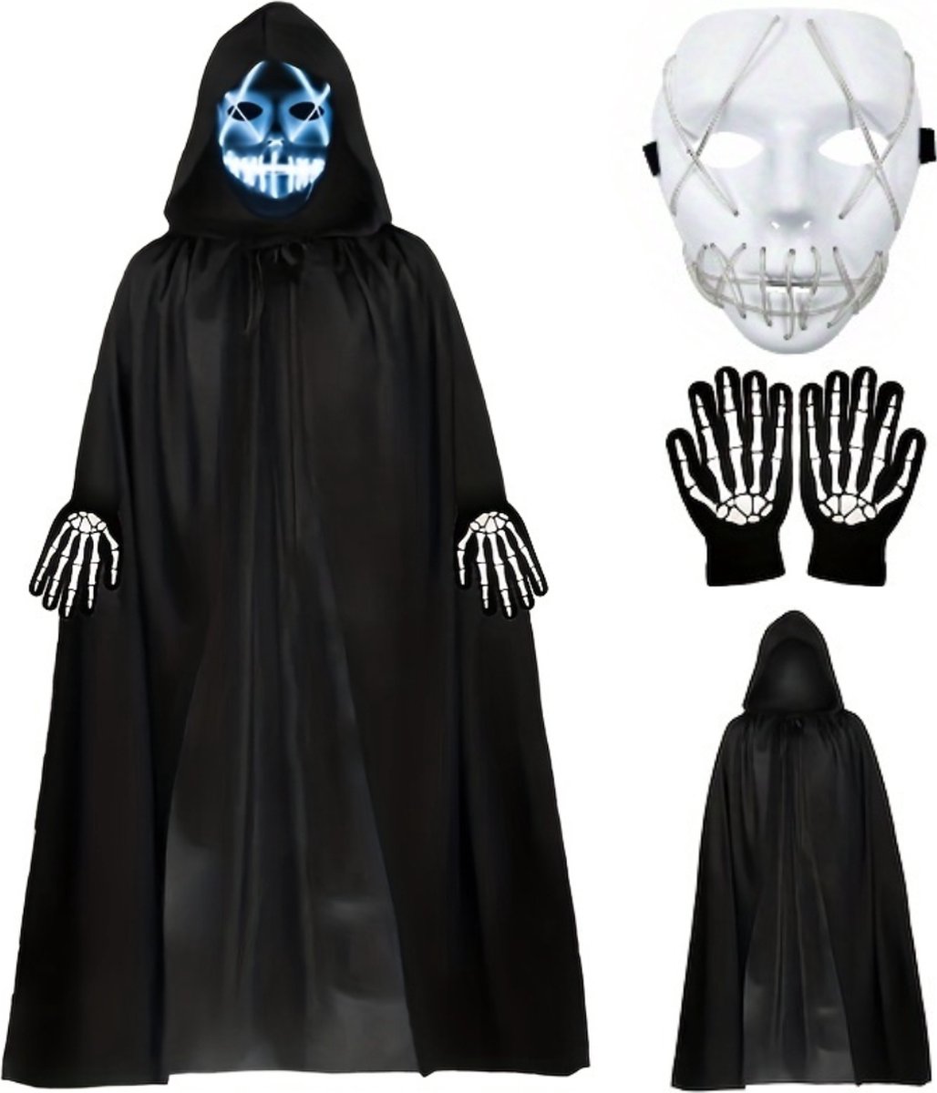 Halloween Kostuum - Halloween Outfit - Volwassenen - Schedel - Mantel - Set - Costume - Wit - Carnaval - Carnavalskleding - Dames & Heren