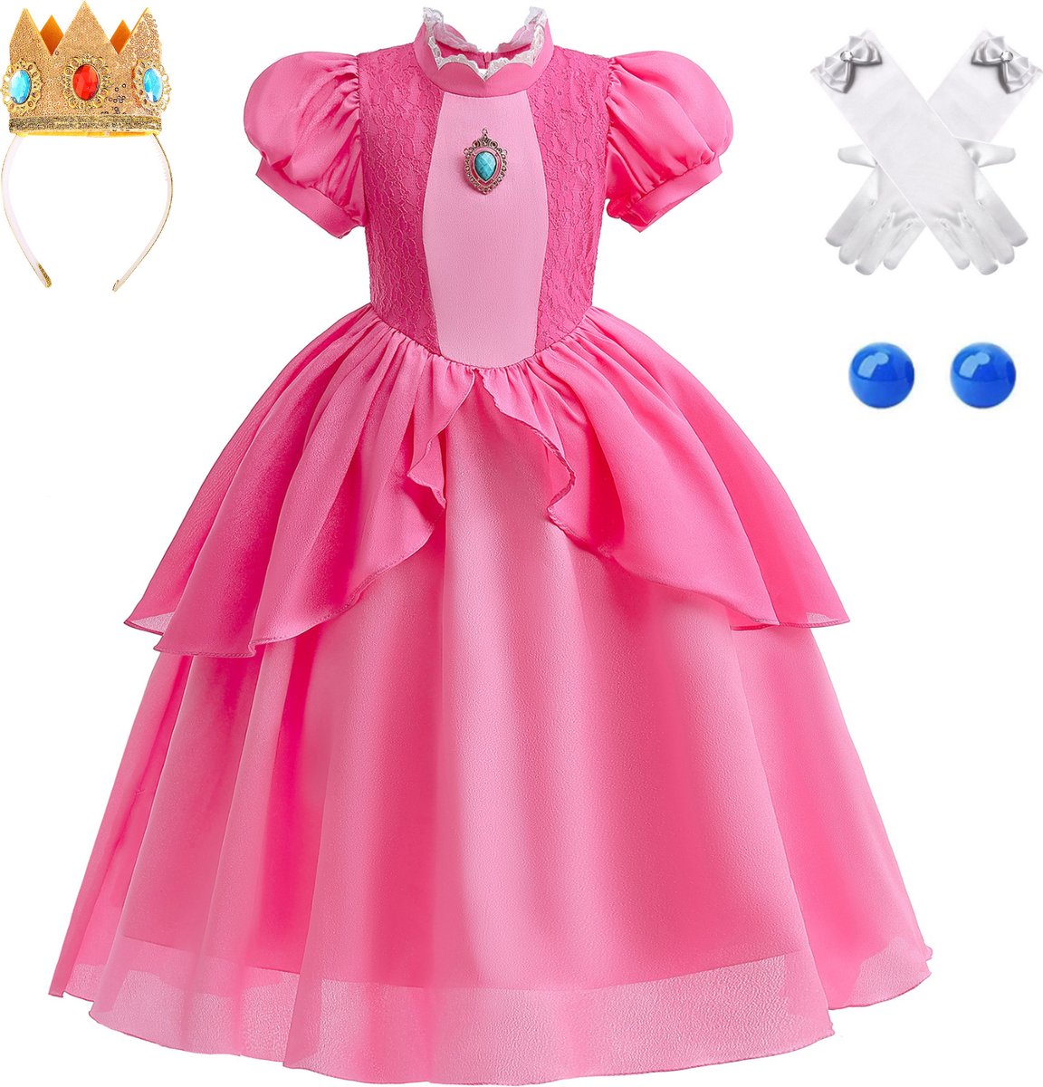 Joya Kids® Princess Peach verkleed jurk voor kinderen | Verkleedjurk Meisje Prinses | Halloween kostuum | Mario thema | Carnaval kleding | Peach prinsessen kostuum Jurk | Maat 140