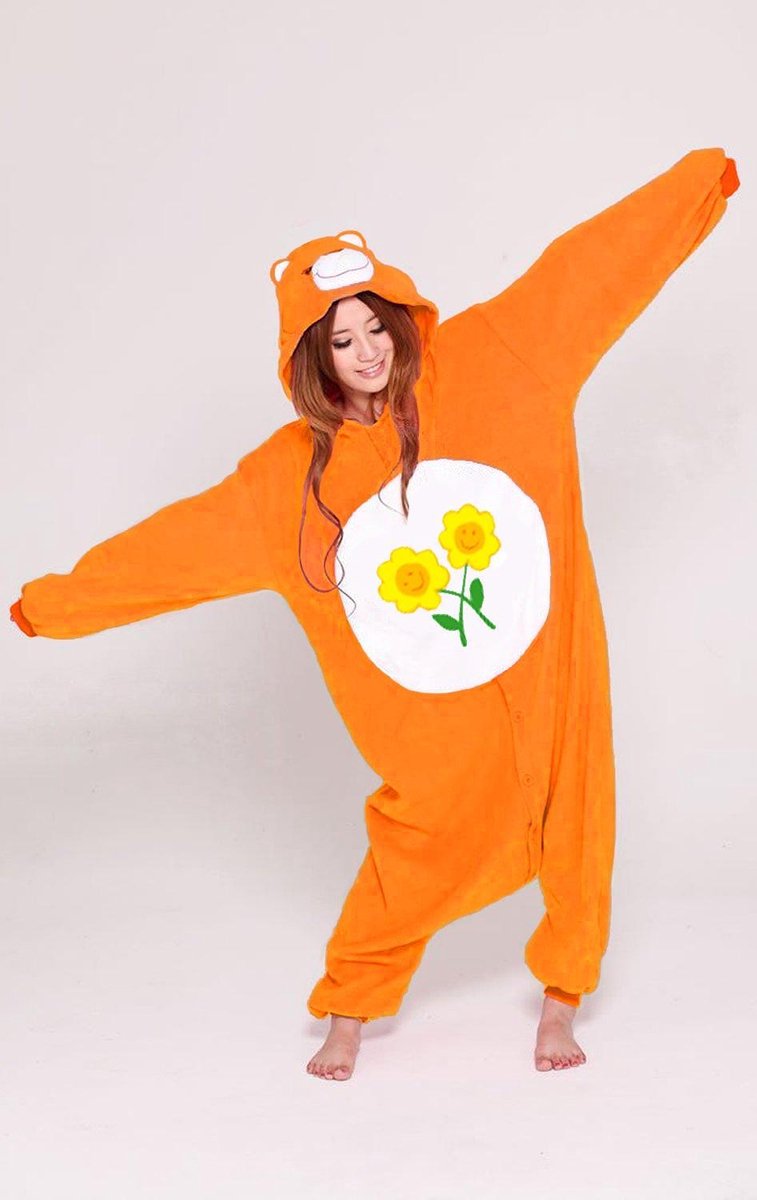 KIMU Onesie Oranje Troetelbeer Pak - Maat 146-152 - Troetelbeertjespak Beer Kostuum Oranje Friend Bloemen - Berenpak Huispak Fleece EK Voetbal