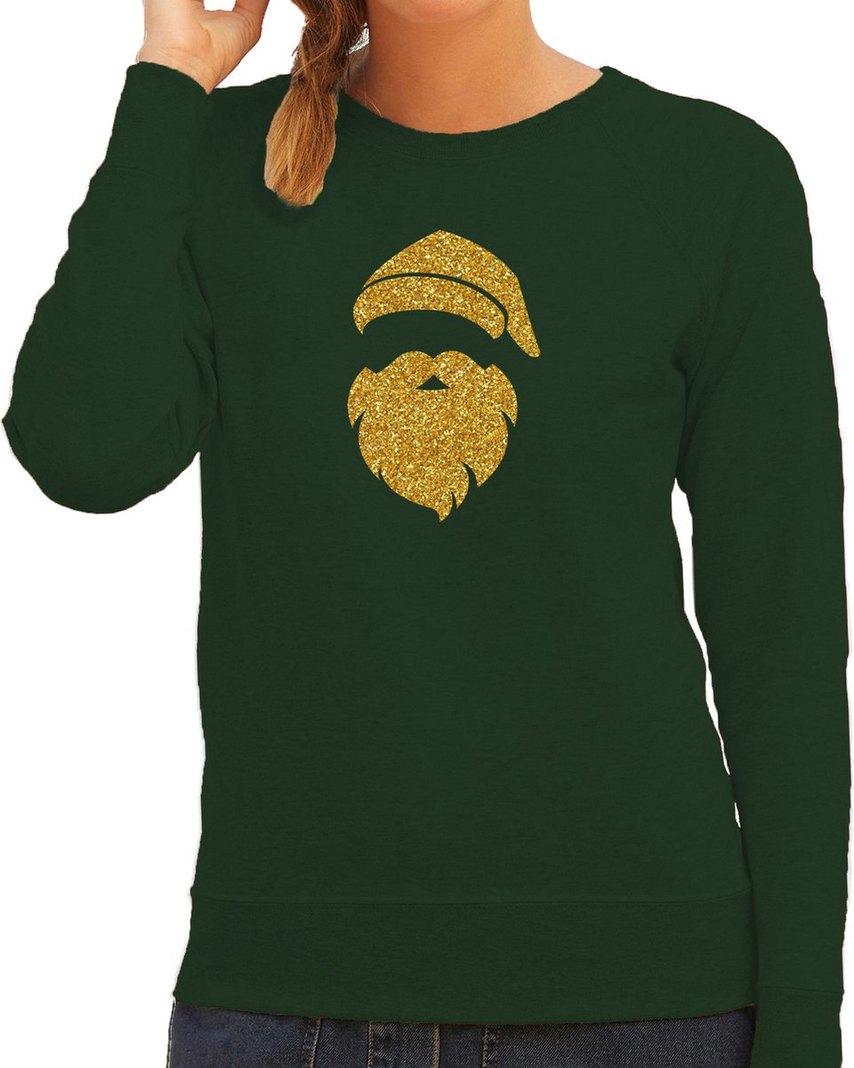 Kerstman hoofd Kerst trui - groen met gouden glitter bedrukking - dames - Kerst sweaters / Kerst outfit S