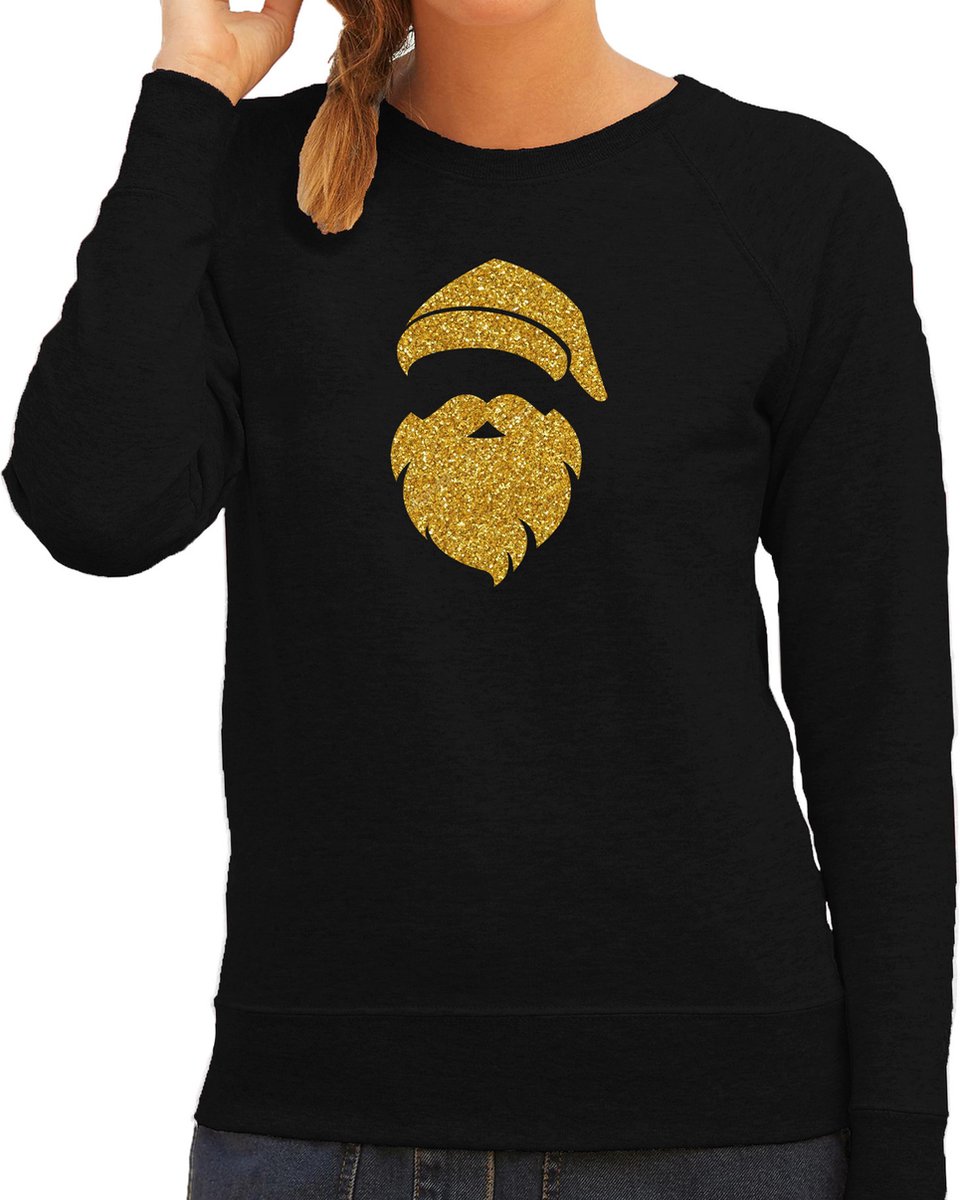 Kerstman hoofd Kerst trui - zwart met gouden glitter bedrukking - dames - Kerst sweaters / Kerst outfit L