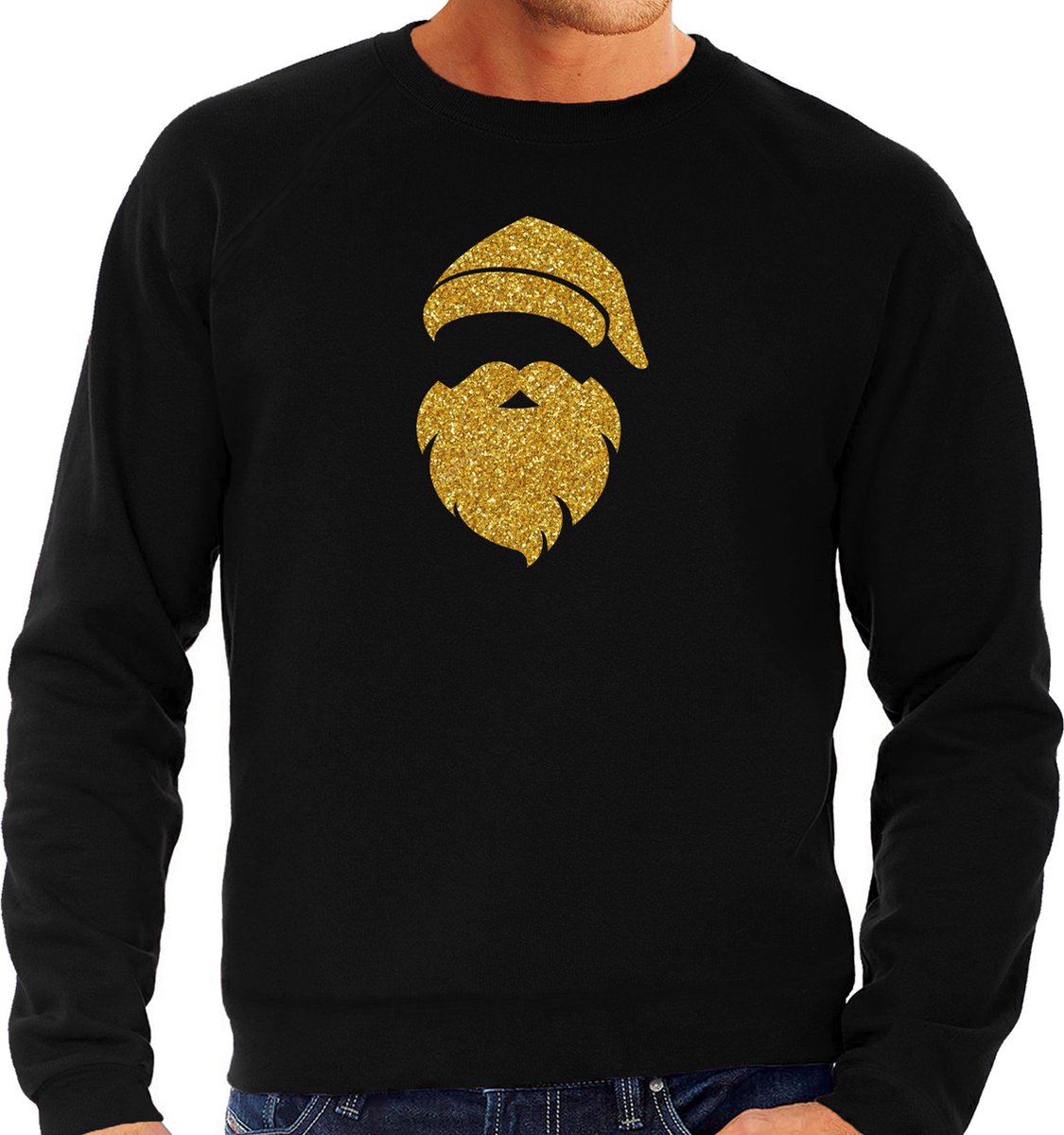 Kerstman hoofd Kerst trui - zwart met gouden glitter bedrukking - heren - Kerst sweaters / Kerst outfit L