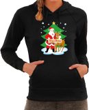 Kerstman met rudolf bij Kerstboom Merry Christmas foute Kerst hoodie / hooded sweater - zwart - dames - Kerstkleding / Kerst outfit S