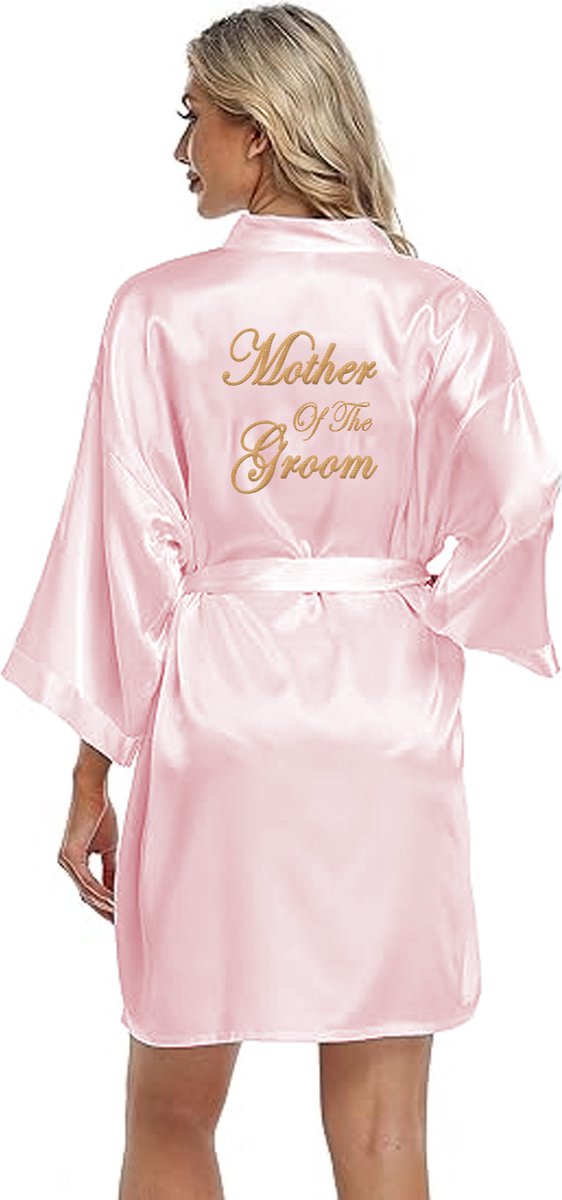 Kimono Mother of The Groom, Bruiloft decoratie bedankjes , Badjas Mother of the Groom Borduurwerk, 100% polyester satijn, Kimono Opdruk, Trouwen, Roze, S-M