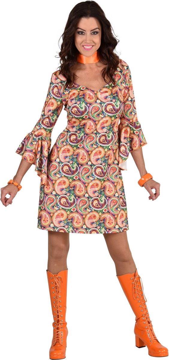 Magic By Freddy's - Hippie Kostuum - Jersey Paisley Jaren 70 Patricia - Vrouw - Oranje - Extra Small - Carnavalskleding - Verkleedkleding