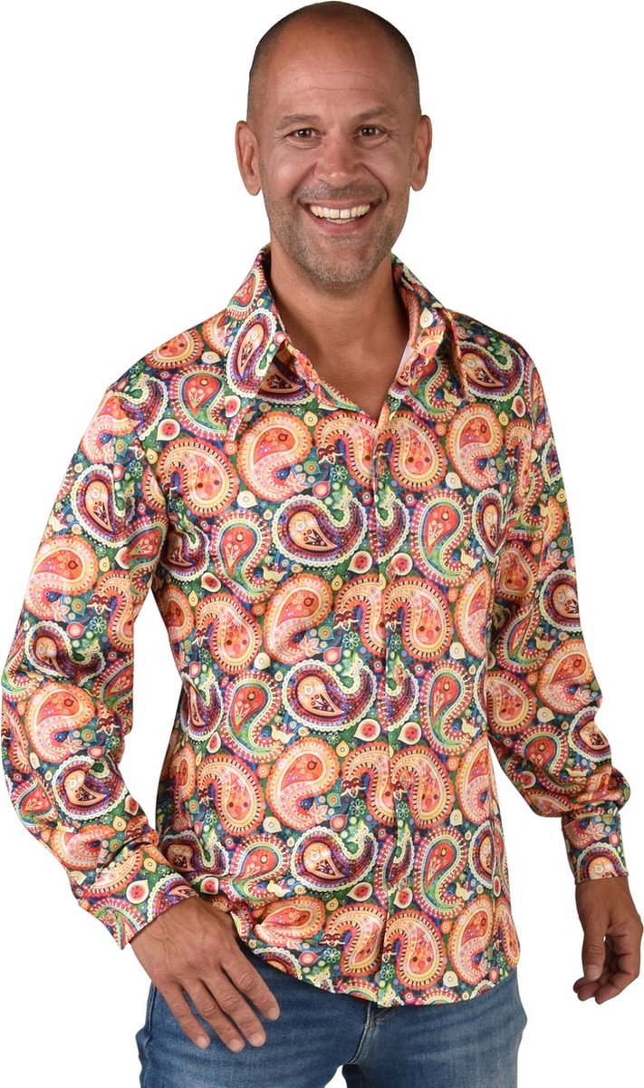 Magic By Freddy's - Hippie Kostuum - Jersey Paisley Overhemd Jaren 70 Man - Oranje - Large / XL - Carnavalskleding - Verkleedkleding