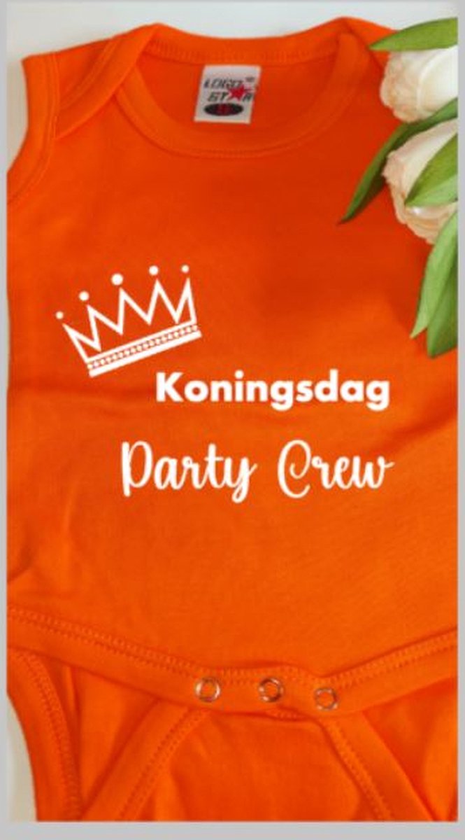 Oranje rompertje met tekst: Koningsdag Party Crew, Oranje rompertje, Rompertje met tekst, Koningsdag, Oranje, Rompertje zonder mouwen, Koningsdag romper