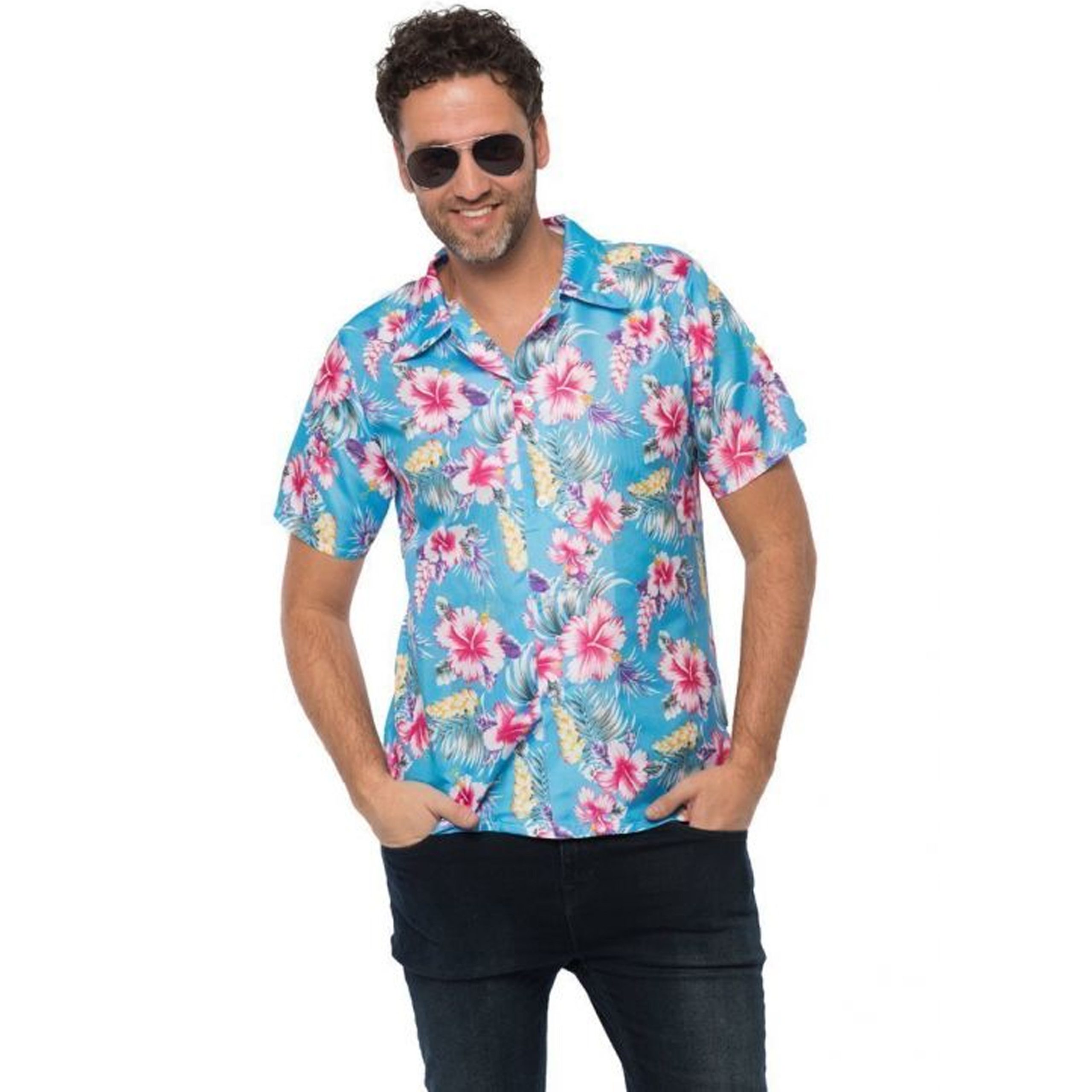 PartyChimp Tropical party Hawaii blouse heren - bloemen - blauw - carnaval/themafeest - Hawaii 48 (S) -