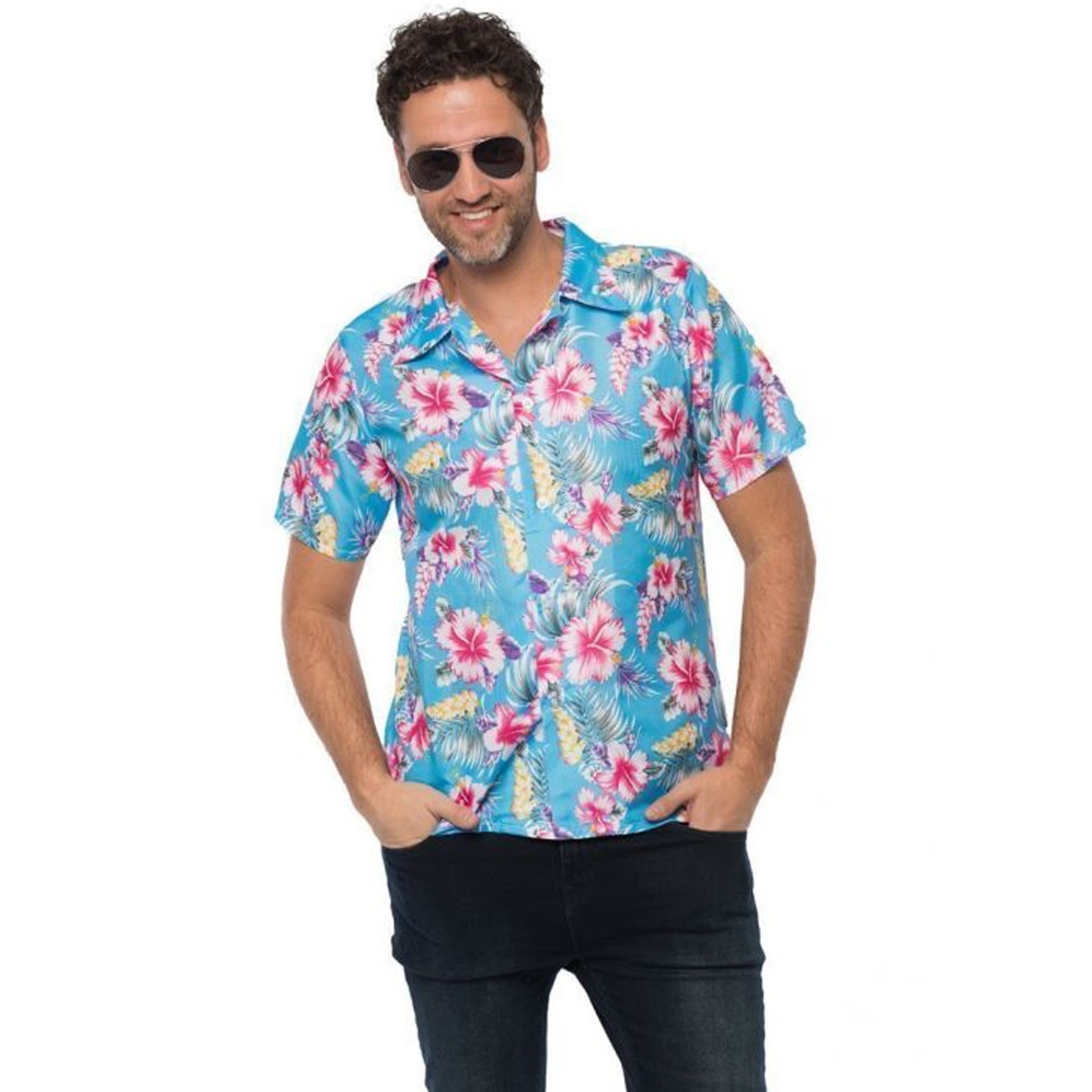 PartyChimp Tropical party Hawaii blouse heren - bloemen - blauw - carnaval/themafeest - Hawaii - plus size 56 (2XL) -