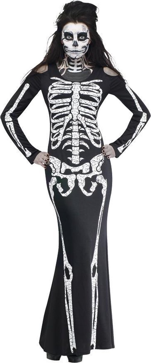 PartyXplosion - Spook & Skelet Kostuum - Lange Skelet Jurk Vrouw - Zwart / Wit - Medium / Large - Halloween - Verkleedkleding