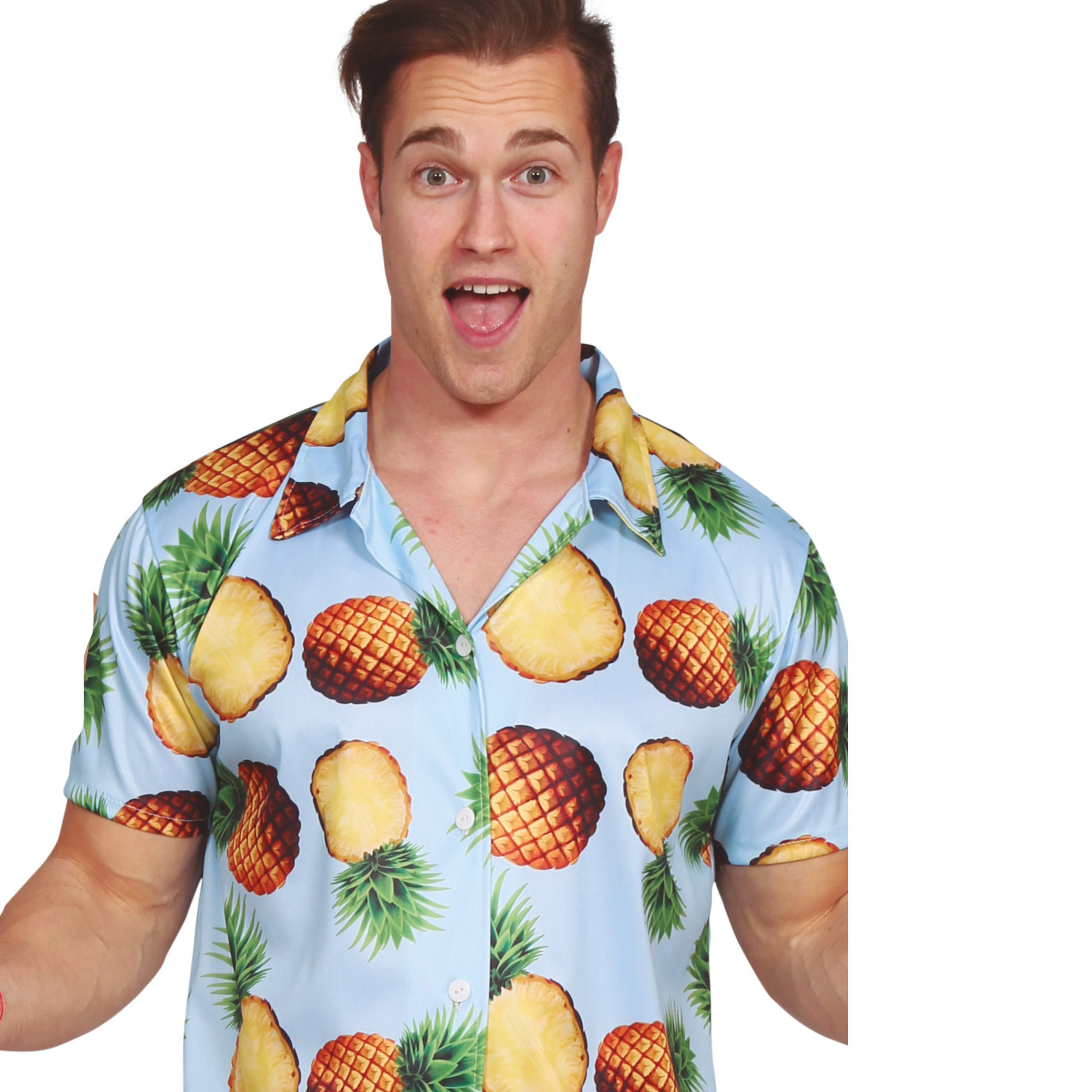 Partychimp Tropical party Hawaii blouse heren - ananas - blauw - carnaval/themafeest - Hawaii