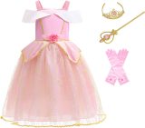 Prinsessenjurk meisje - luxe verkleedjurk - 110/116 - Carnavalskleding kind - verkleedkleren - Toverstaf - Tiara - Handschoenen - Roze