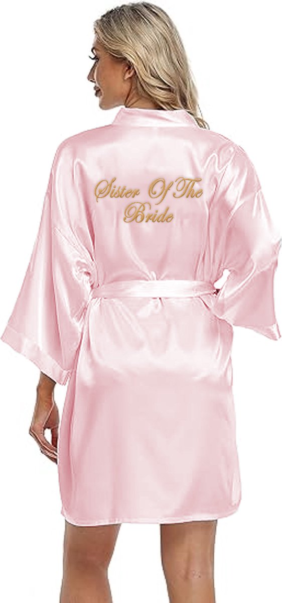 Sister of The Bride, Bruiloft decoratie bedankjes , Badjas Sister of the Bride Borduurwerk, 100% polyester satijn, Kimono Opdruk, Trouwen, Roze, S-M