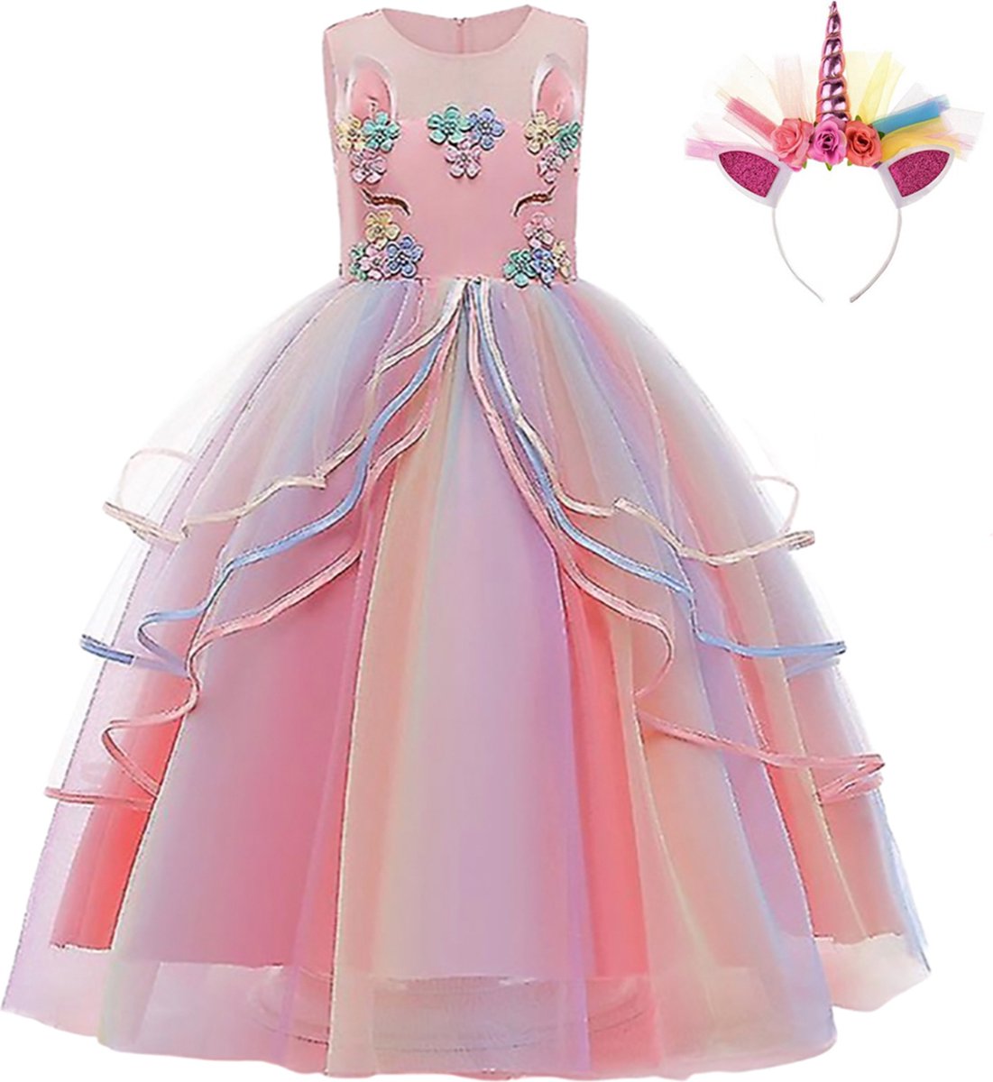 Unicorn Jurk | Eenhoorn Jurk | Prinsessenjurk Meisje | Verkleedkleren Meisje |maat 122/128(130)| Prinsessen Verkleedkleding | Carnavalskleding Kinderen |+ Haarband | Roze