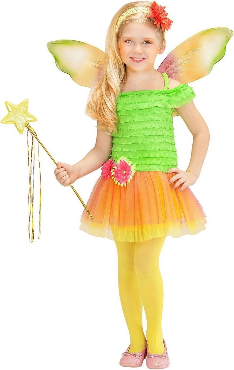 Widmann - Elfen Feeen & Fantasy Kostuum - Bloemenfee Keukenhof - Meisje - Geel, Groen, Oranje - Maat 110 - Carnavalskleding - Verkleedkleding